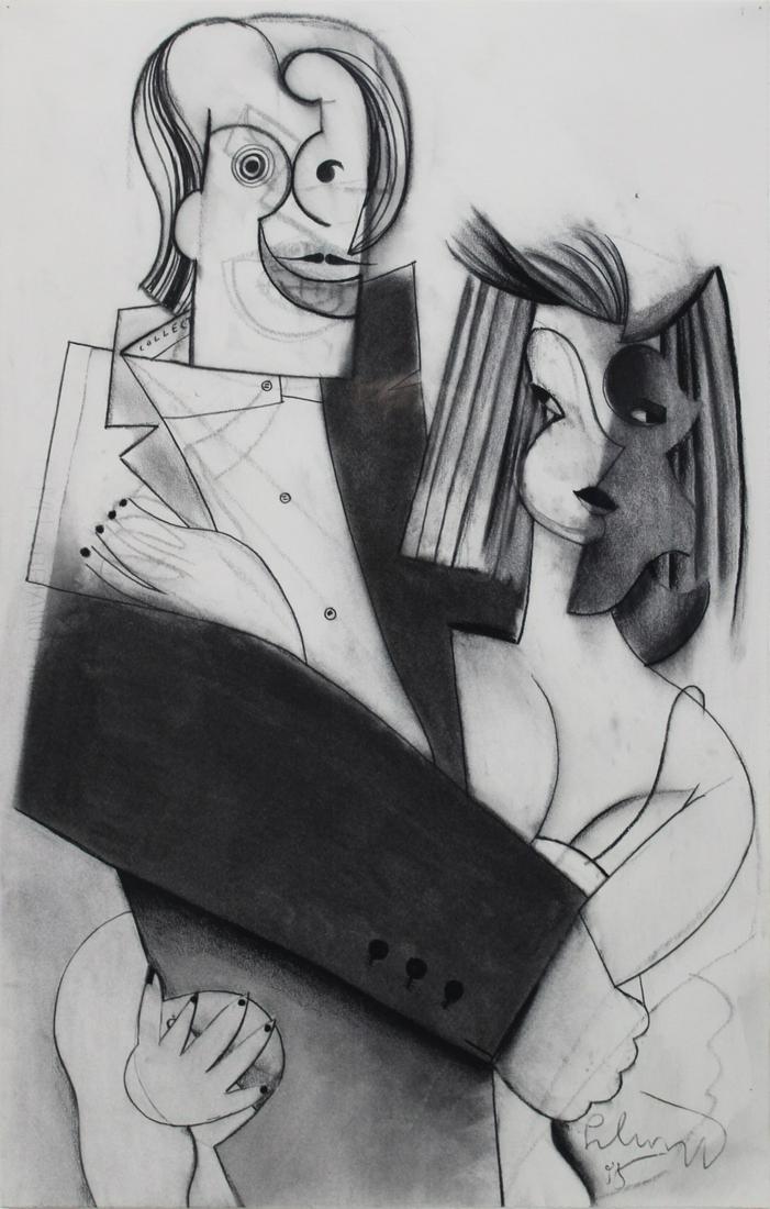 BEN SCHONZEIT (AMERICAN, B.1942).: "Couple Dancing". Charcoal on paper, 1995. Signed and dated at lower right. Artist's label on reverse. From a New York, NY collection. - Dimensions: 26" h x 16.5" w