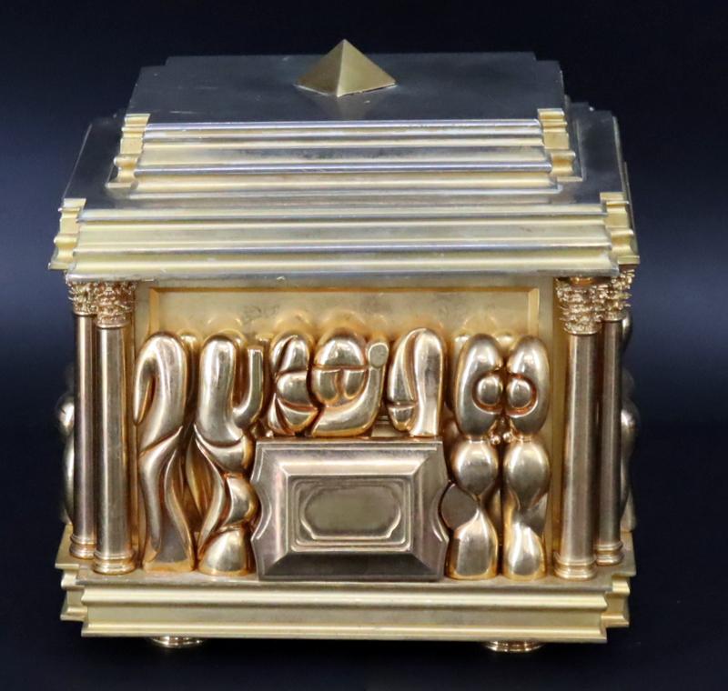 MIGUEL BERROCAL (SPANISH, 1933-2006).: "Il Cofanetto". Gold plated puzzle sculpture. This example numbered 358 out of 500. From a New Fairfield, CT estate. Dimensions: sculpture measures approx. 6" w x 5" d x 8" h.