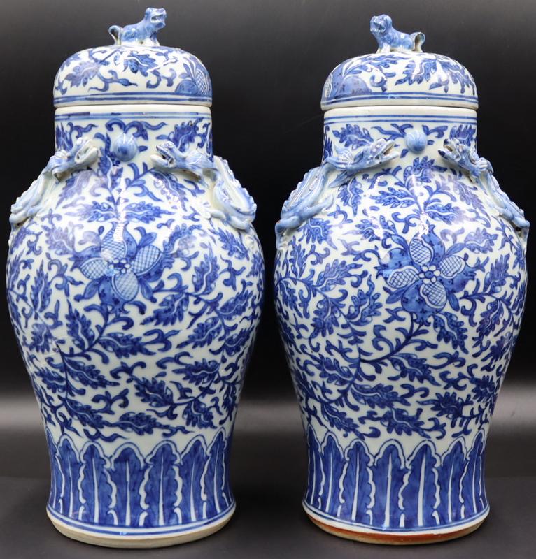 Pair of Chinese Blue and White Lidded Urns. (1 of 20)