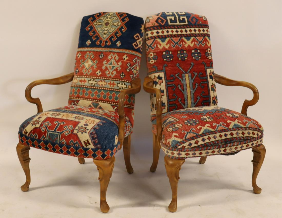 A Vintage Pair Of Queen Anne Style Chairs W Kilim. (1 of 4)