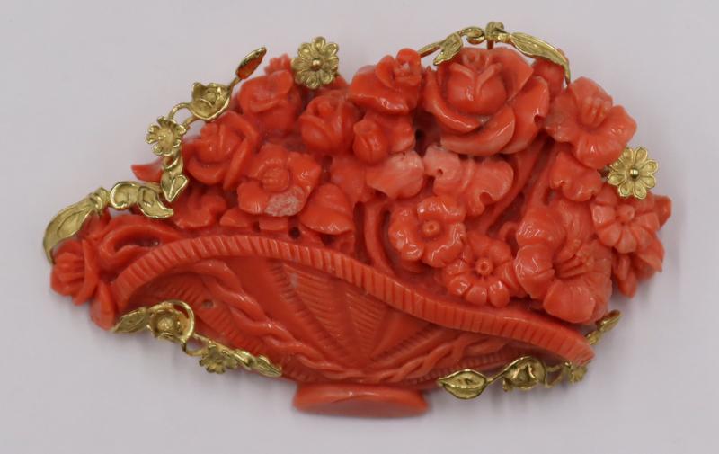 JEWELRY. Large 18kt Gold and Carved Coral Pendant. (1 of 9)