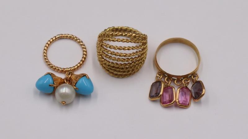 JEWELRY. (2) Gold Tassel Rings with Gems and (1 of 12)