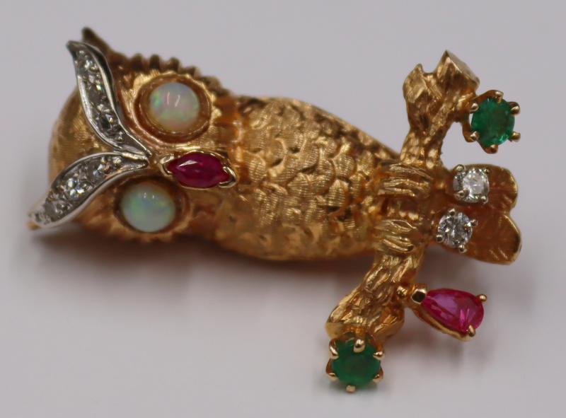 JEWELRY. Signed 14kt Gold, Diamond, and Gem Owl (1 of 10)