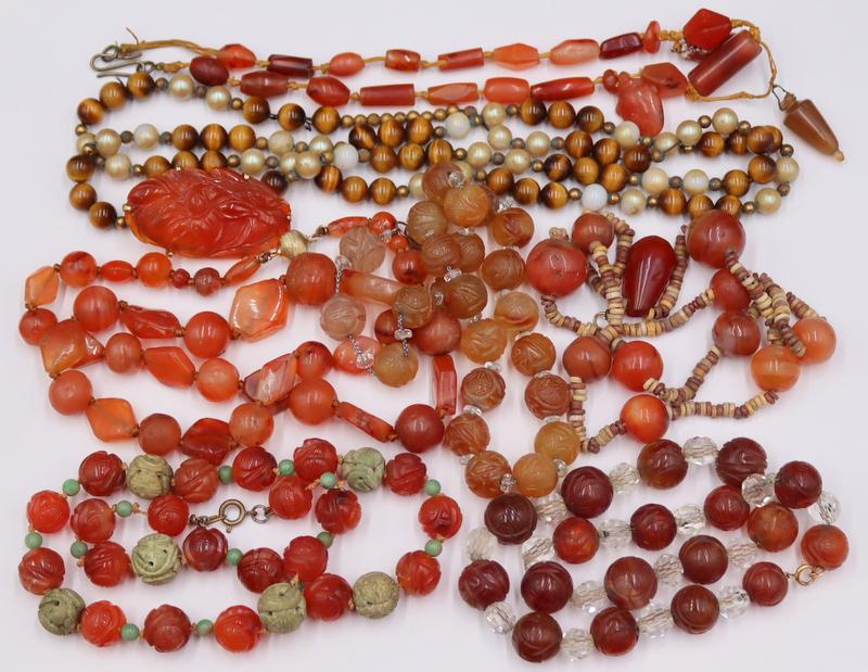 JEWELRY. Carved Carnelian Jewelry Grouping.: Includes a Chinese carved Carnelian beaded necklace accented by turquoise beads and carved ball form beads; a carved Carnelian and faceted crystal single strand necklace with 10kt yellow gold clasp; a