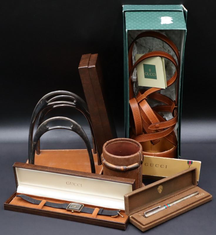 COUTURE. Gucci Objet d'Art and Watch Grouping.: Including a vintage cased French Gucci gold washed sterling mechanical watch - stamped, "925 France"; a vintage Italian Kohler & Schaeffer (Kosca S.r.l.) Gucci sterling and enamel pen -