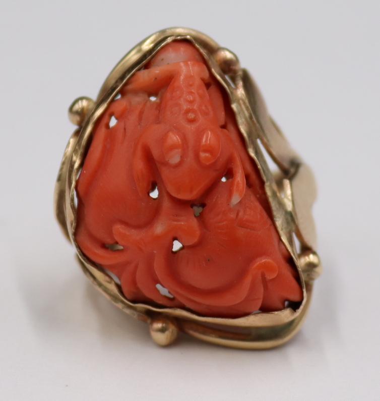 JEWELRY. 14kt Gold and Carved Coral Ring. (1 of 6)
