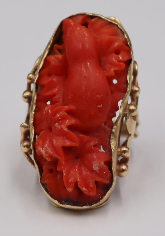 JEWELRY. 14kt Gold and Carved Coral Ring. (1 of 7)