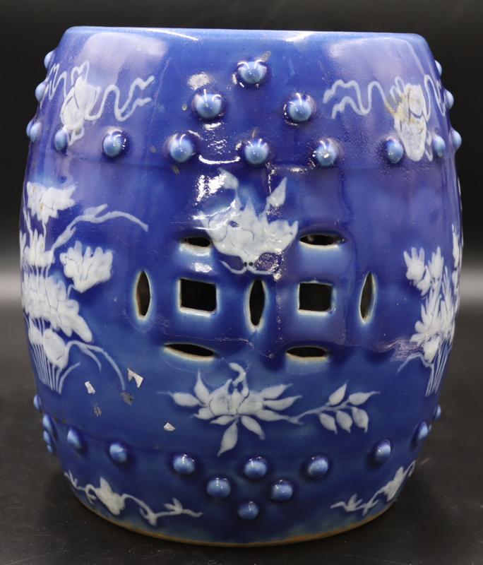 Chinese Blue and White Floral Garden Seat.: From a Flushing, NY estate. Dimensions: garden seat measures approx. 11.5" high.