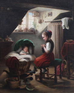 JOHANN GEORG MEYER (AFTER): "A Lullaby". Oil on canvas. Unsigned. A copy after the original 1854 painting by Johann Georg Meyer von Bremen (German 1813-1886), in the Alte Nationalgalerie Museum in Berlin, Germany.