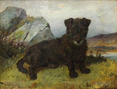 Wright Barker (British, 1864-1941).: Portrait of a Terrier. Oil on canvas. Signed and dated lower right. From a Rye, NY estate. - Dimensions: 18" h x 25.5" w.