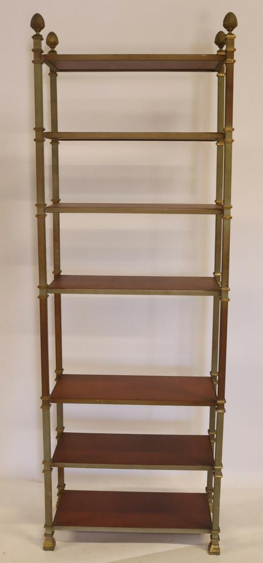 Midcentury Maison Jansen Quality Patinated: Gilt Metal Etageres. Heavy, best of quality with Pineapple finials. From a Brooklyn, NY estate. - Dimensions: 82" h x 28.25" w x 13.5" d.