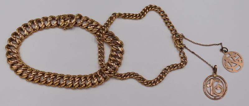 JEWELRY. (2) Continental 18kt Gold Link Bracelets.: Includes a signed French 18kt yellow gold link bracelet - with domestic French hallmark of an eagle's head representing 18kt gold and a maker's mark of 'BC'? within a lozenge form frame. Accompanied b