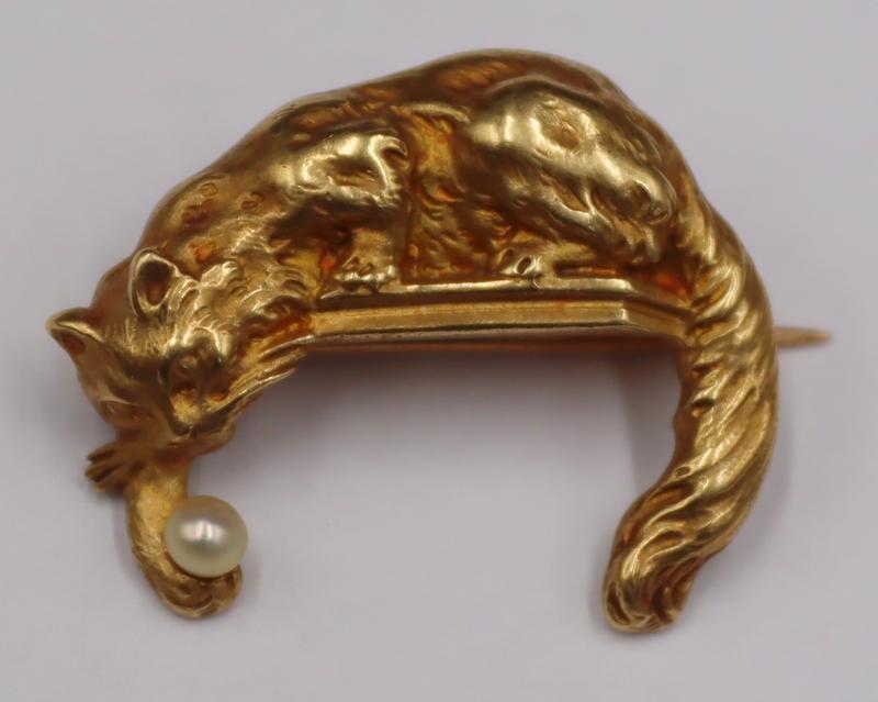 JEWELRY. Signed French 18kt Gold Cat Brooch. (1 of 7)