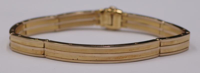 JEWELRY. Men's Chimento Italian 18kt Bi-Color Gold: Bracelet. Signed Chimento Italian 18kt bi-color gold articulated bracelet with a single diamond accent to clasp. Stamped, "Chimento", "750" with an Italian national mark of, "