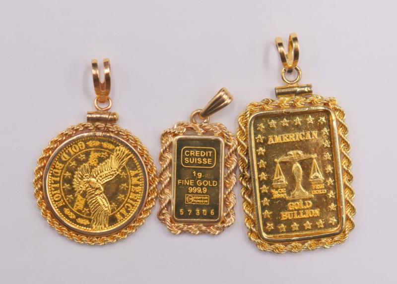 JEWELRY. (3) Assorted Gold Bullion Pendants. (1 of 8)