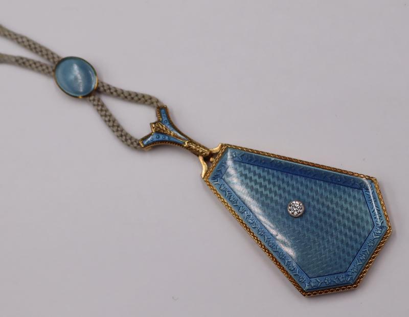 JEWELRY. Art Deco Style 14kt Gold and Guilloche: Enamel Pendant. Art Deco style 14kt yellow gold hinged locket displaying light blue guilloche enamel decoration and a single bezel set Old European cut diamond - stamped, "S14C". Pendant is 