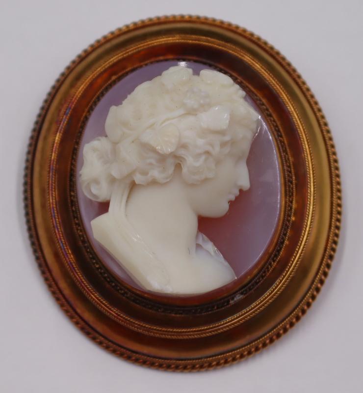 JEWELRY. Large 14kt Gold Mounted Carved Cameo of a (1 of 8)