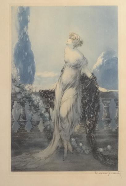 ICART, Louis. Drypoint Etching. "Werther.": Pencil signed lower right, blind stamp lower left. Louis Icart, French, 1888-1950. From a Yonkers, NY home. Dimensions: plate - 21" high x 14" wide, sheet - 27.5" high x 18" wide. Condition: Toned pap