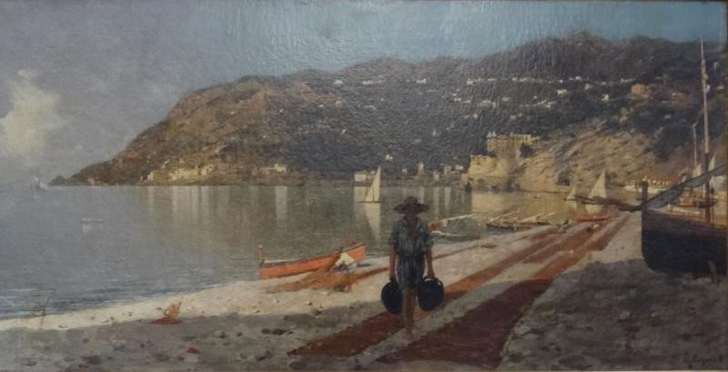 CAPONE, Gaetano. O/C Italian Coast with Figure: Carrying Vessels. Signed lower right. Gaetano Capone, Italian, 1845 - 1920. From a Long Island, NY estate. Dimensions: 20.5" high x 40.25" wide. Condition: As is - 2 tears to canvas, loss loss through