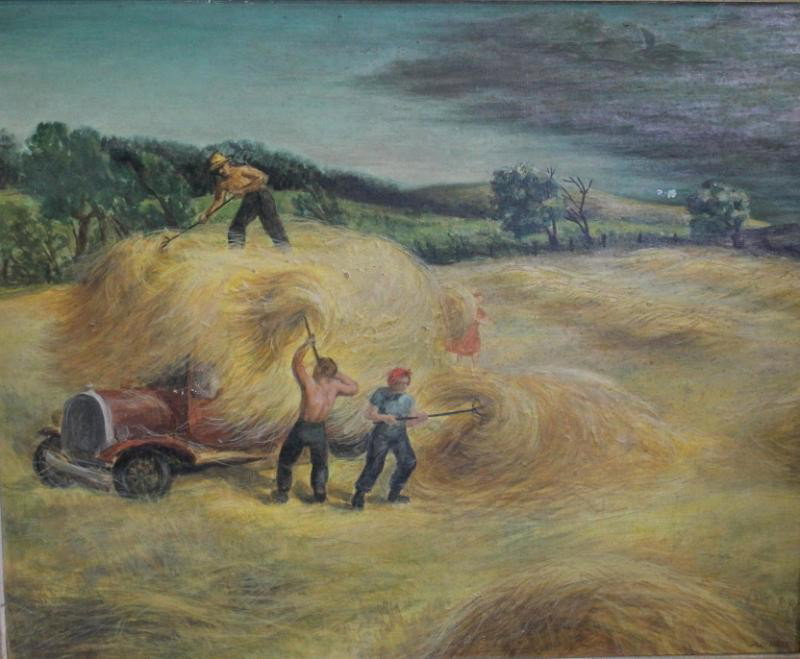 HALEY, Sally. O/C Laid on Board. Harvesting Wheat.: Great and early WPA Style painting by this important and rare American female artist. Signed lower right. Sally Haley, American- Oregon / CT, 1908 - 2007. Dimensions: 24.5" high x 29.25" wide. Conditi