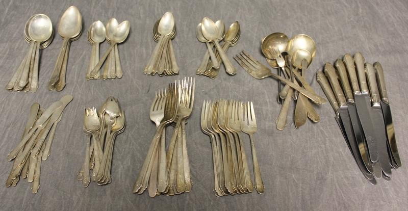 STERLING. Gorham Flatware Set.: Includes 12 large dinner forks; 12 luncheon forks; 12 smaller specialty forks; 12 tablespoons; 36 teaspoons; 12 butter knives; 4 large table spoons; 12 dinner knives; and 8 miscellaneous serving piece