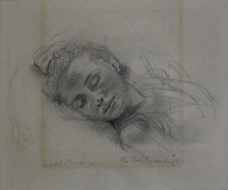 BISHOP, Isabel. Pencil on Paper of Sleeping Woman.: Signed lower left, inscribed with dedication lower right. Isabel (Wolff) Bishop, American, 1902 - 1988. From a warehouse storage. Dimensions: 3.5" high x 4.25" wide. Condition: Acid burns, not examine