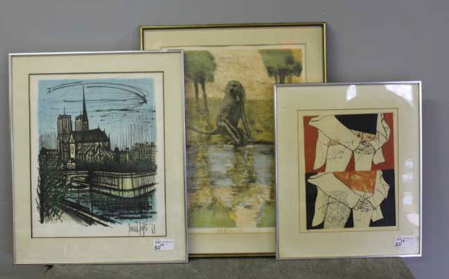 Box Lot of 3 Prints. BUFFET, PARKER, & Unknown.: Bernard Buffet, "Notre Dame de Paris" 1968, signed in the print only. Robert A. Parker "Baboon" pencil signed and numbered 2/20 lower right. Unknown 20th C., signed lower right and numbered 46/500. Fr