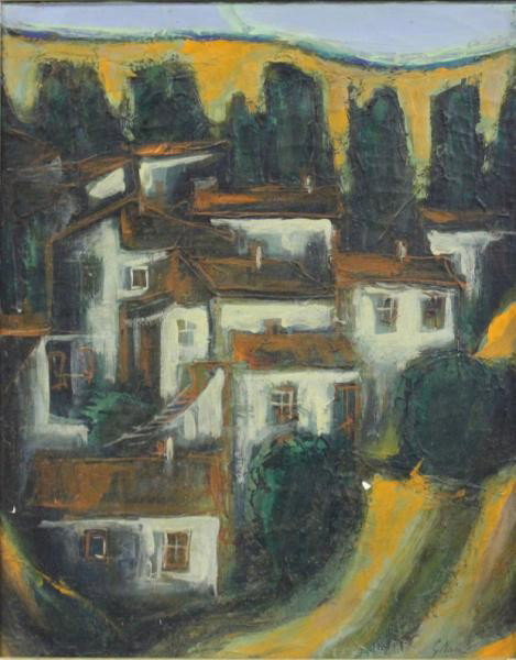 NOVOA, Gustavo. O/C Village Landscape.: Signed lower right. Gustavo Novoa, Chilean, b.1941. From a storage warehouse. Dimensions: 18" high x 15" wide. Condition: Surface grime, two minor areas of paint loss lower left and lower-mid right.