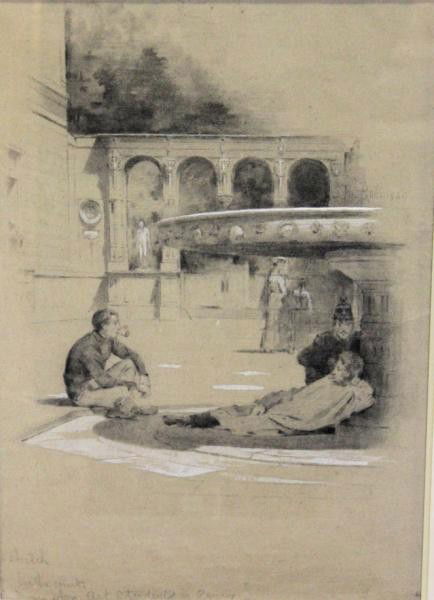 ROBINSON, Theo. Pencil, Chalk and Gouache.: "A Sketch in the Court, American Art Students in Paris." Signed center right "Th Robinson." Hirschl & Adler Galleries label verso. Theodore Robinson, American, 1852 - 1896. From a storage warehouse. D