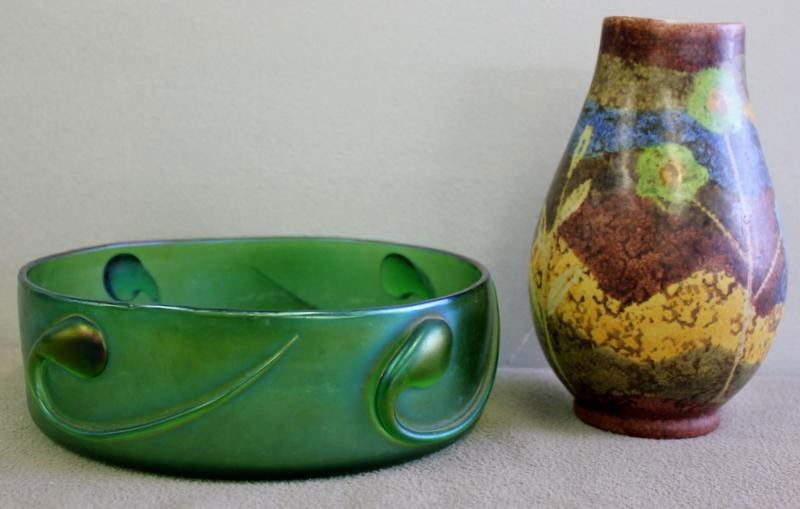 Midcentury Italian Porcelain Raymor Vase and a: Possibly Lutz Centerpiece. Raymor vase signed on bottom "R 1540 Raymor Italy." From a Riverside, CT estate. Dimensions: Vase - 7.5" high. Centerpiece - 8.25" diam. x 2.75" high. Condition: Damage to a