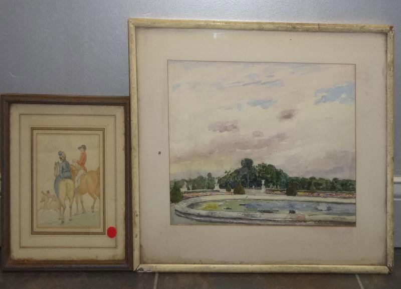 2 Watercolors. 1 Wm. H. HYDE Landscape. 1 Unknown.: Hyde watercolor landscape with fountain - signed lower right. 11" high x 14.75" wide, William Henry Hyde, American, 1858 - 1943. Unknown equestrian watercolor - unsigned, 6" high x 4.75" wide.