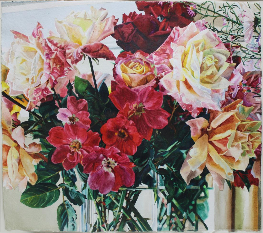 CAROLYN BRADY (AMERICAN, 1937-2005).: "Rose Bouquets". Watercolor on paper, 1990. Signed and dated lower right. Nancy Hoffmann Gallery, New York label verso. From a private collection. - Dimensions: 29" h x 33" w.