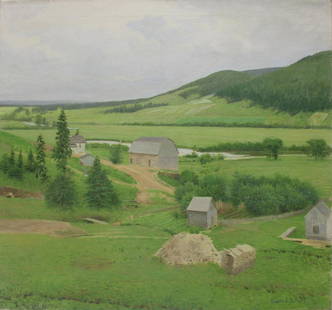 FRANK VINCENT DUMOND (AMERICAN, 1865-1951).: Rose's Farm, c.1932. Oil on canvas. Signed lower right. Titled and dated on reverse. With the artist's Estate stamp on verso. From a Norwalk, CT collection. - Dimensions: 28" h x 30" w.