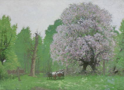 FRANK VINCENT DUMOND (AMERICAN, 1865-1951).: Blossoming Tree Landscape Scene. Oil on canvas. Signed lower left. With the artist's Estate stamp on verso. From a Norwalk, CT collection. - Dimensions: 26" h x 36" w.