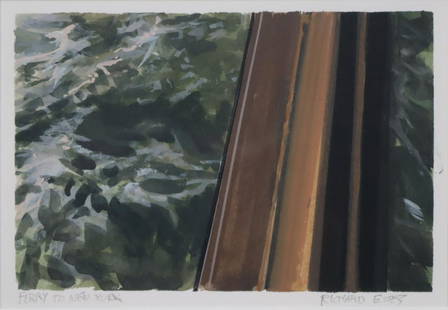 RICHARD ESTES (AMERICAN, B. 1932).: "Ferry to New York". Gouache on paper. Signed and titled in pencil, lower margin. From a private collection. - Dimensions: 3.1" h x 4.7" w.