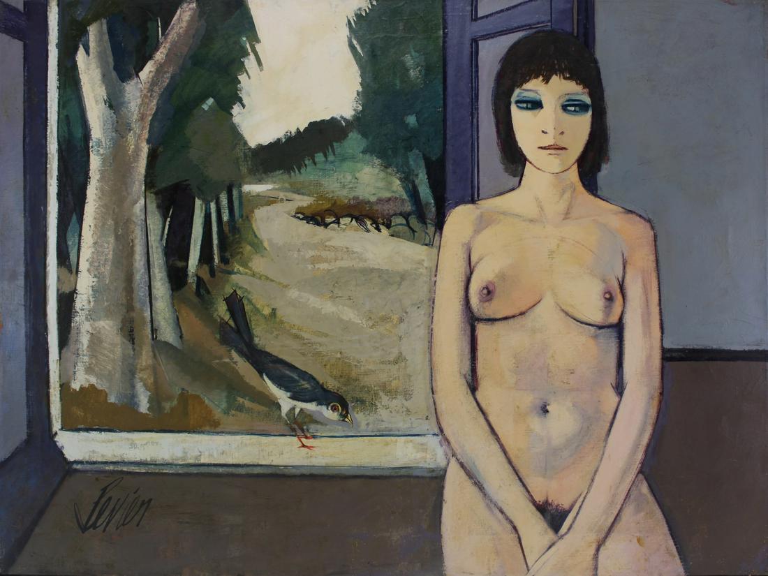 CHARLES LEVIER (FRENCH, 1920-2003).: Nude by Window with Bird. Oil on canvas. Signed lower left. Signed again and inscribed on reverse. From a Scarsdale, NY estate. - Dimensions: 30" h x 40" w.