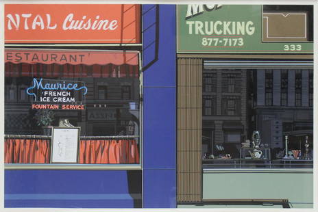 RICHARD ESTES (AMERICAN, B.1932).: Oriental Cuisine, from: Urban Landscapes, 1972. Screenprint on paper. Pencil signed and numbered 24/75 in the lower margin. Exhibition label verso from the American Federation of Arts, New York. From