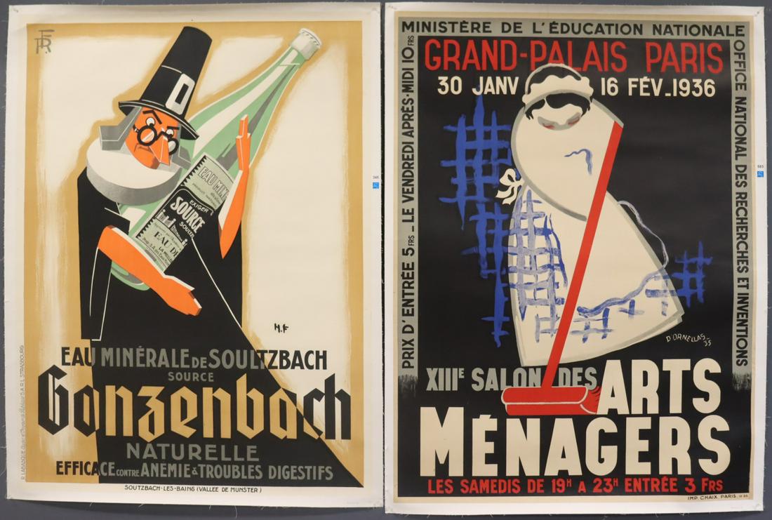 Pair of Original Lithograph Posters.: "XIIE Salon Des Arts Menagers, 1936. Plate signed Dornellas. Dimensions: 62" h x 46" w. & "Gonzenbach". Plate monogrammed "H.F." Dimensions: 61" h x 45"