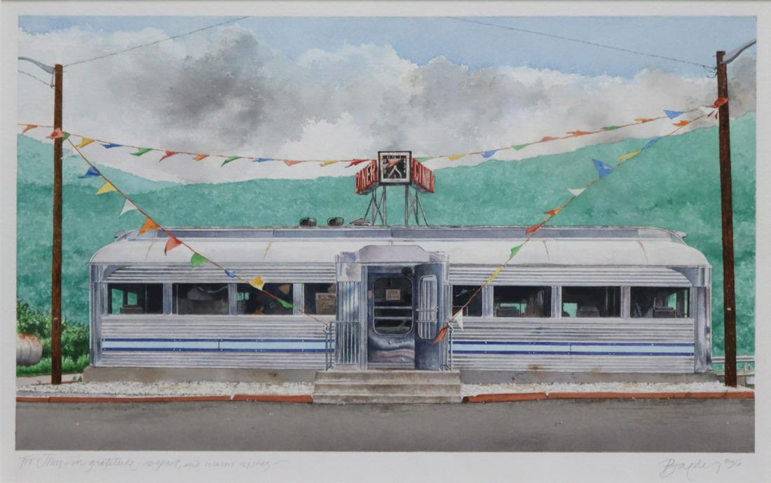 JOHN BAEDER (AMERICAN, B.1938).: Diner, 1996. Watercolor on paper. Signed, dated and dedicated in the lower margin. From a private collection. - Dimensions: 13" h x 21 3.4" w. (image)