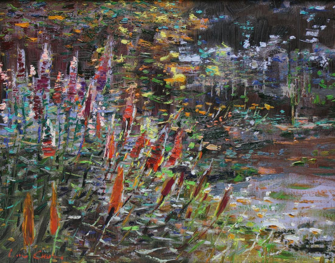 LAU CHUN (CHINESE / AMERICAN, B.1942).: Untitled-Impressionist Pond Floral. Oil on canvas. Signed at lower left. From a Larchmont, NY collection. - Dimensions: 16" h x 20" w.