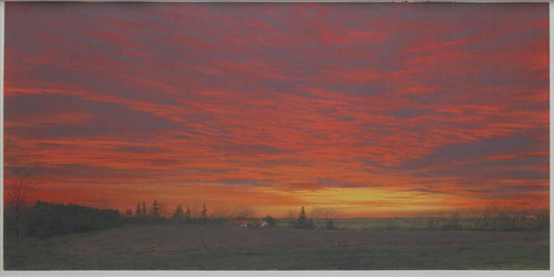 JAMES WINN (AMERICAN, B.1949).: Sunset Landscape. Acrylic on paper, 1985. Signed and dated lower right. From a private collection. - Dimensions: 10" h x 19 7/8" w.