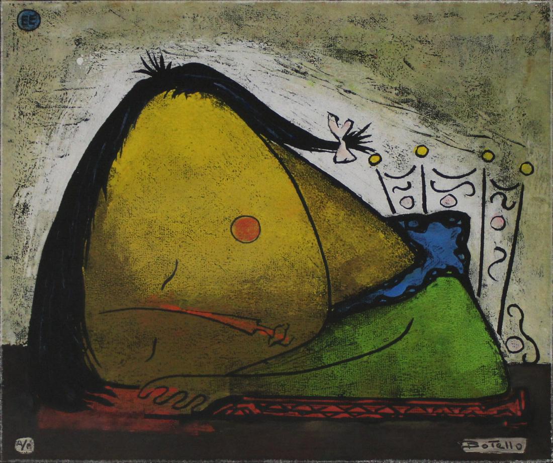 ANGEL BOTELLO (PUERTO RICAN, 1913-1986).: Child Resting Head. Color linoleum cut on black wove paper. Signed lower right; inscribed "AP", lower left. From a Harrison, NY collection. - Dimensions: 11" h x 13" w (image)