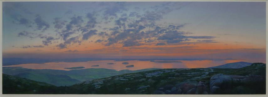 JAMES WINN (AMERICAN, B.1949).: "Frenchman Bay Sunrise (Cadillac Mt.)". Acrylic on paper. Signed lower left. Artist's label verso. From a private collection. - Dimensions: 16" h x 46" w.