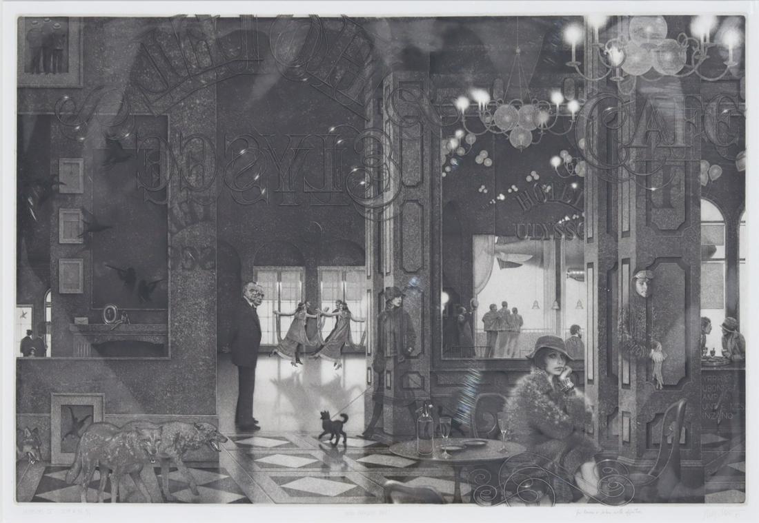 PETER MILTON (AMERICAN, B.1930).: Interiors IV: Hotel Paradise Café, 1987. Etching and engraving on wove paper. Pencil signed, dated, titled and numbered "ST PR #36 4/7"; also dedicated in the lower margin. From a pri