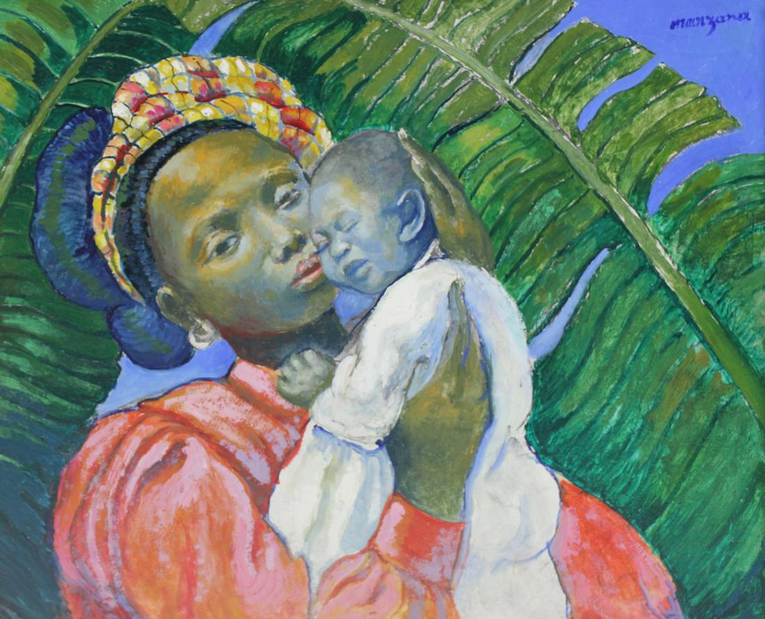 GEORGES MANZANA PISSARRO (FRENCH, 1871-1961).: Mother and Child. Oil on board. Signed upper right. From a Newtown, CT estate. - Dimensions: 15" h x 18" w.