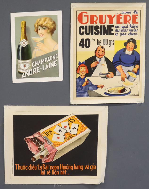 Group of 3 Original Lithograph Advertising Posters: Including "Gruyere Cuisine" by C. Rogino. Dimensions: 24" h x 18" w. & "Les AS" -Cigarettes, (unknown designer). Dimensions: 19" h x 25" w. & "Cham