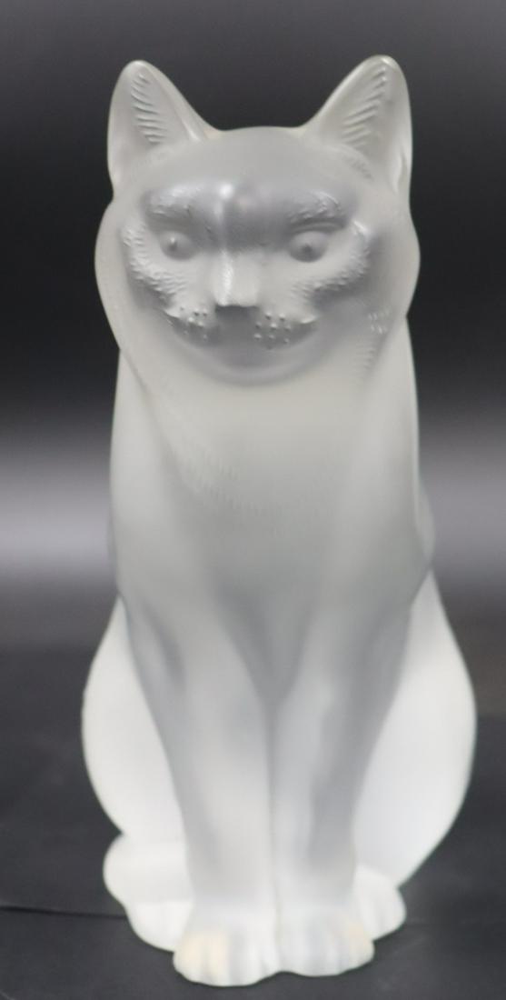 Lalique France Sitting Cat Frosted Glass Sculpture: Signed on the base. From a Bronx, NY estate. - Dimensions: 8" h.