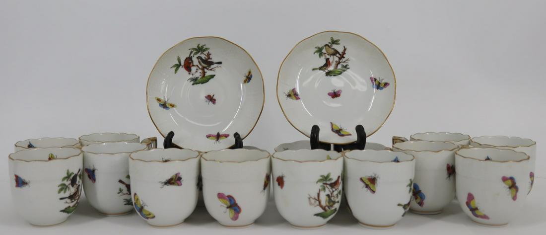 Herend "Rothschild Birds" Porcelain Demitasse Set.: To include 11 saucers (4.5" dia) and 12 cups (2.25" h). From a New Fairfield, CT estate.