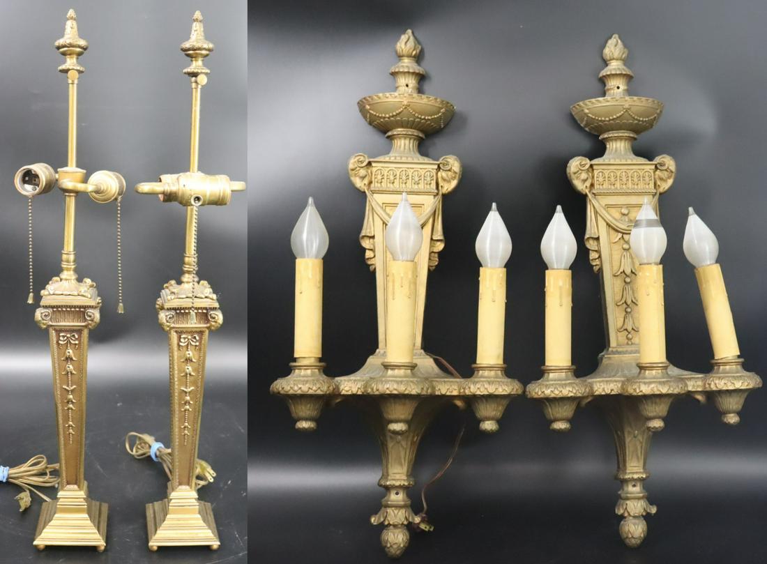 A Pair Of Antique Brass Lamps & A Pair Of Sconces. (1 of 11)
