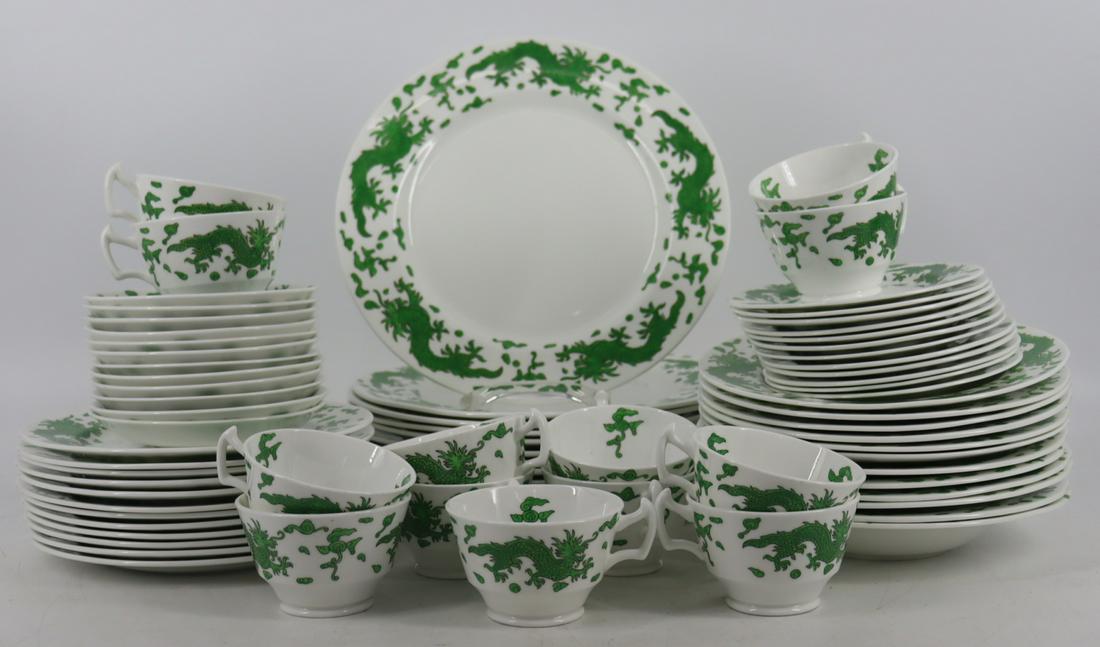 Hammersley "Green Dragon" China Dinner Ware.: To include 12 dinner plates (10.75" dia), 12 salad plates (8.25" dia), 12 soup bowls (8.75" dia), 12 bread plates (6 1/8" dia), 13 cups, 12 saucers. From a Venice, Fl estate.